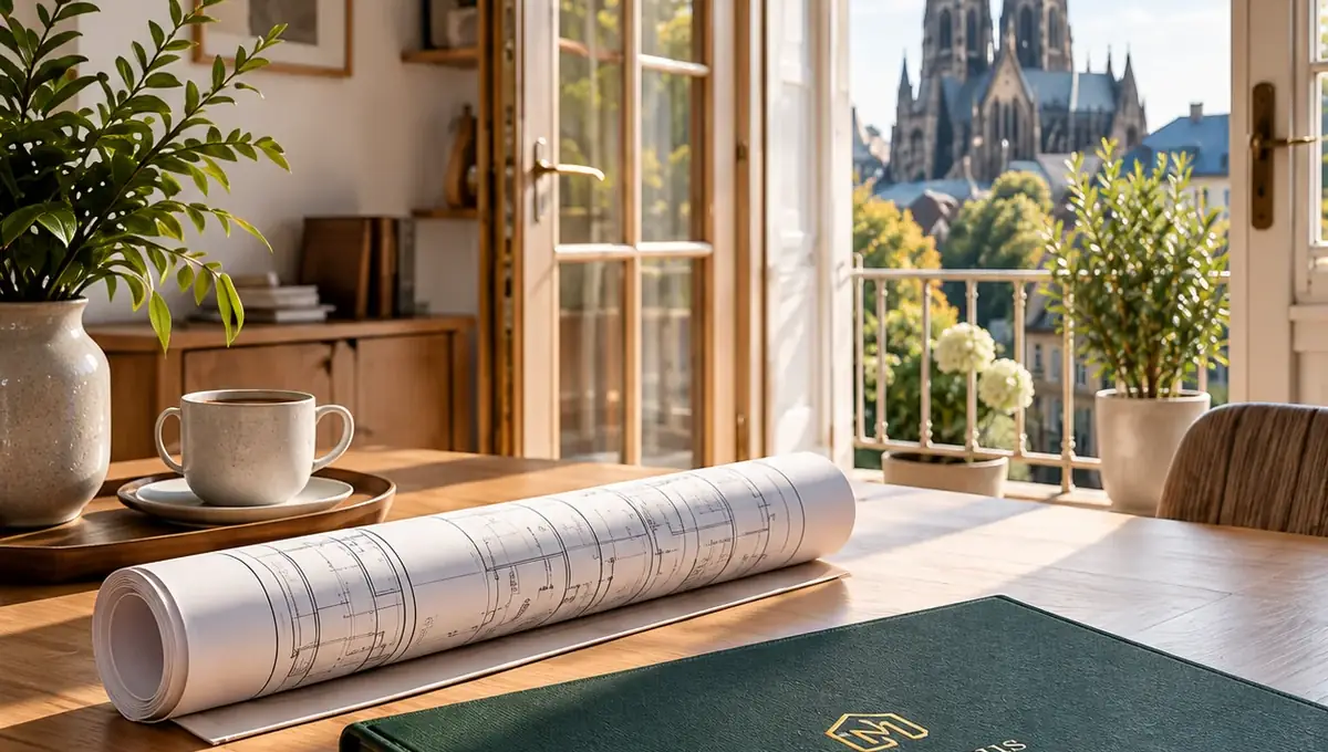 Schreibtisch mit Plänen und Projektmappe, Blick auf den Kölner Dom – Symbolbild · kein Kundenprojekt