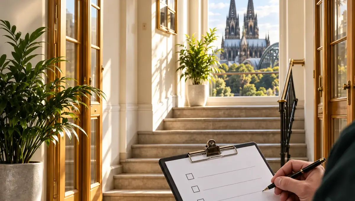 Treppenhaus in Köln mit Blick auf den Dom, Aufnahme mit Klemmbrett – Symbolbild · kein Kundenprojekt
