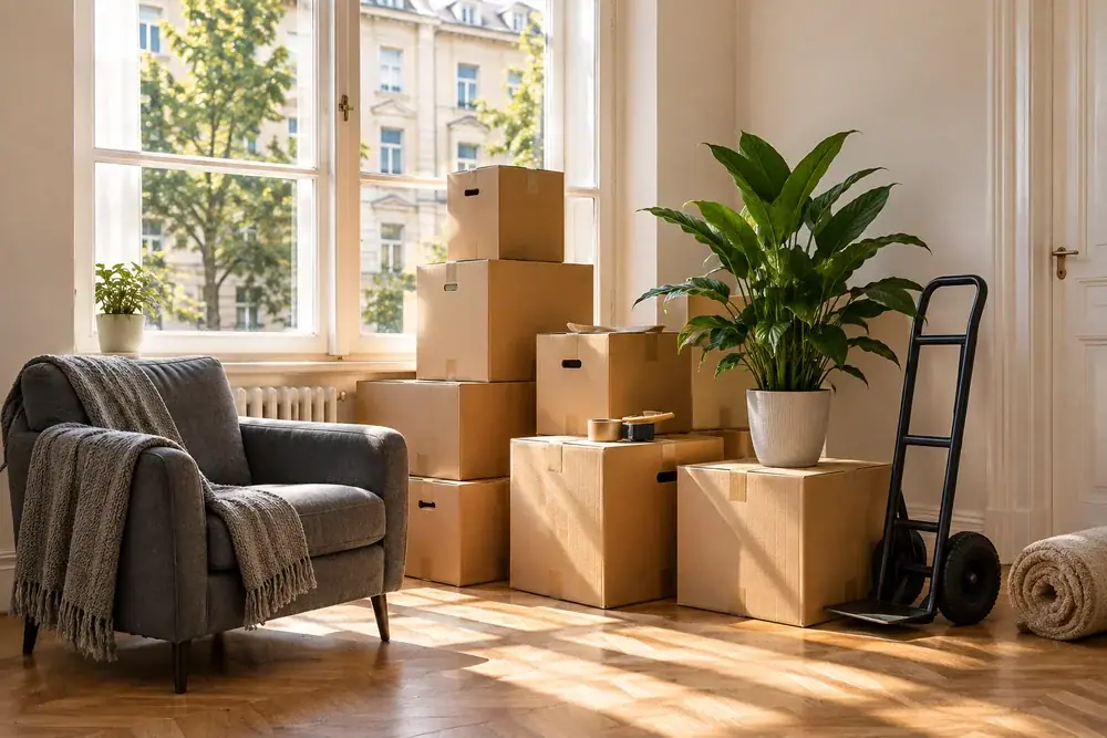 Geordnet bereitgestellte Umzugskartons in einer Wohnung – Symbolbild