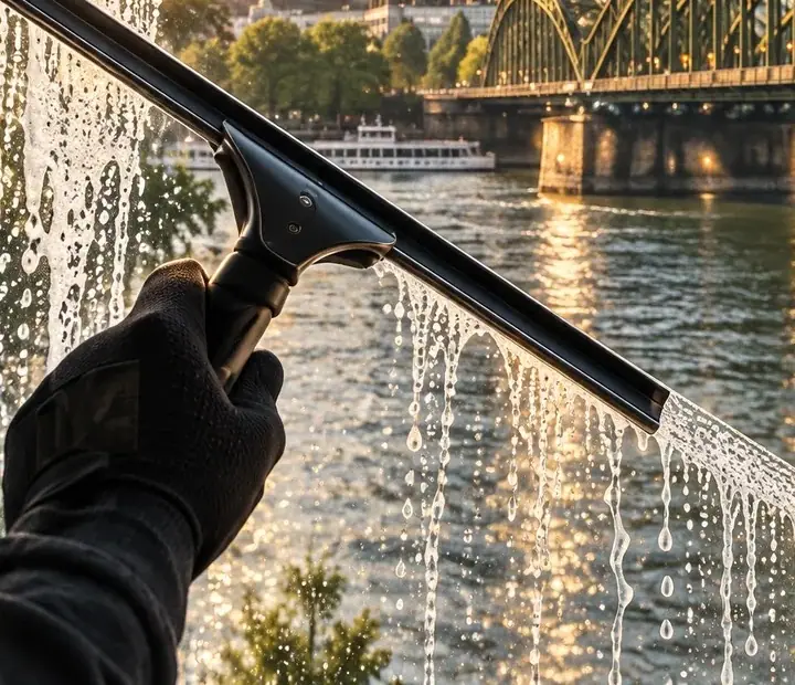 Fensterscheibe mit Wasserfilm während der Reinigung – Symbolbild