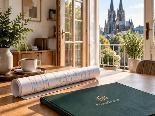 Schreibtisch mit Unterlagen und Blick auf den Kölner Dom – Symbolbild