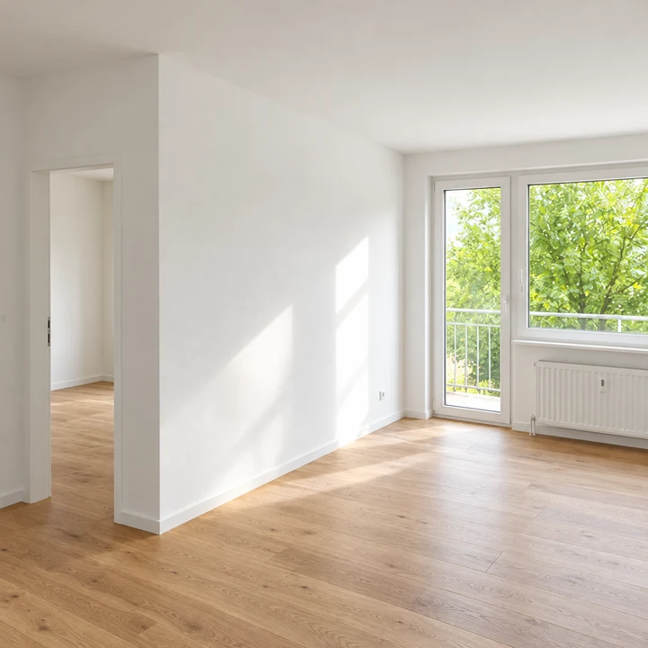 Renovierter Raum mit fertigen weißen Wänden, Holzfußboden und Sockelleisten – Symbolbild