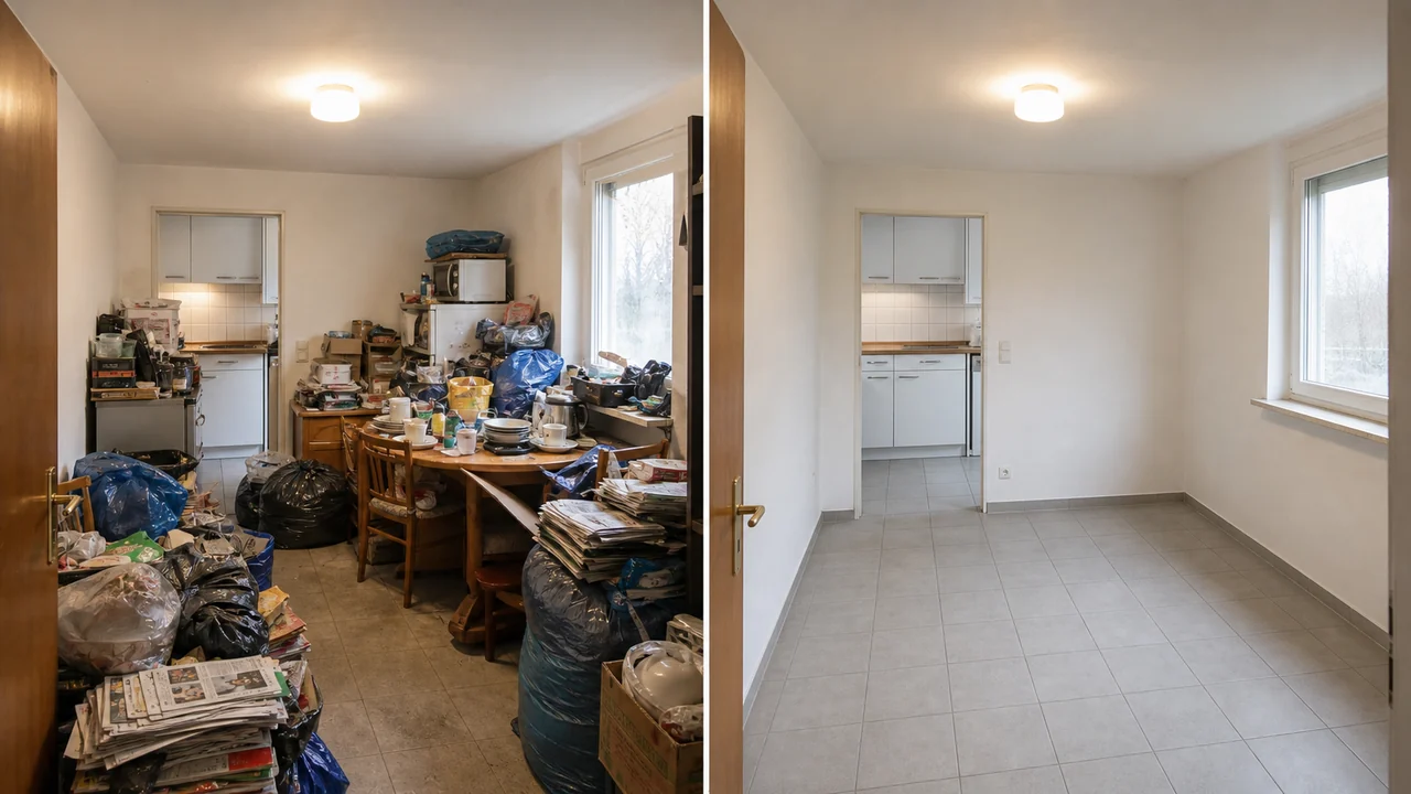 Stark belastete Wohnung vor und nach der diskreten Räumung
