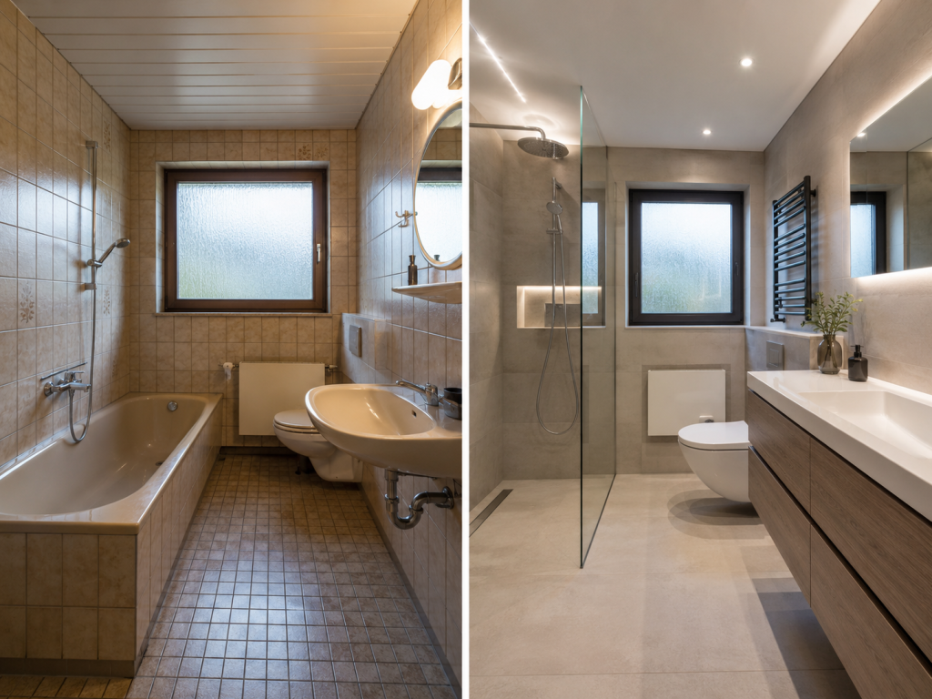 Bad- und WC-Renovierung mit Vorher-Nachher-Vergleich eines modernisierten Badezimmers