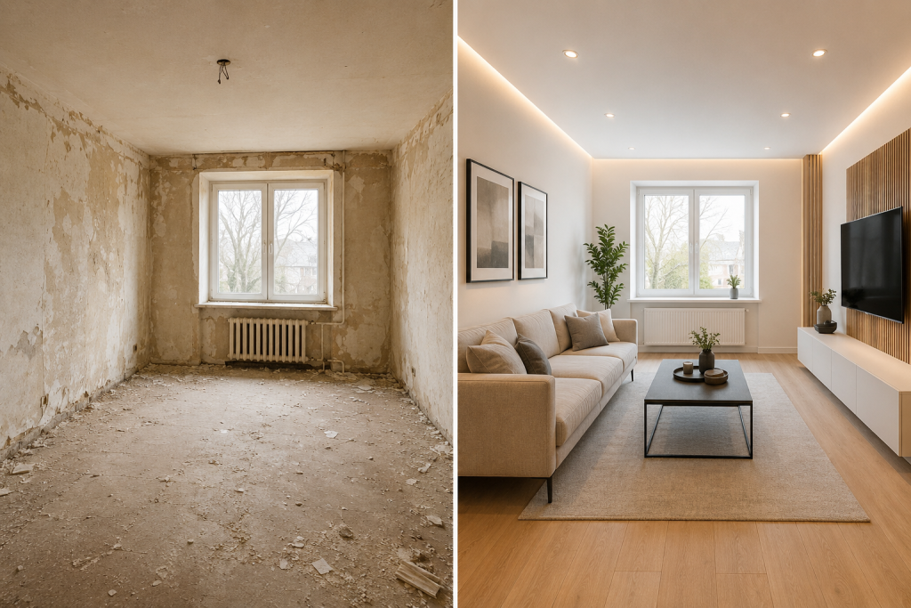 Renovierung und Innenausbau mit Vorher-Nachher-Vergleich eines modernisierten Wohnraums